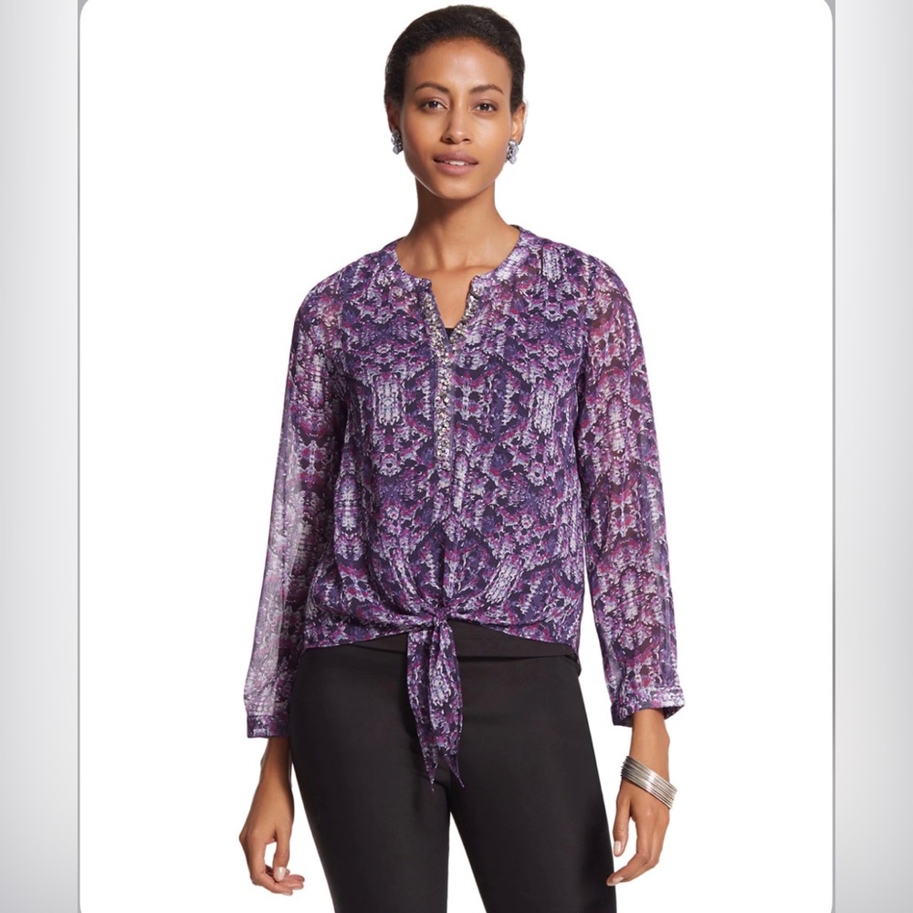 Chicos Stained Glass Semi Sheer Embellished Front Tie Purple Blouse Top Large